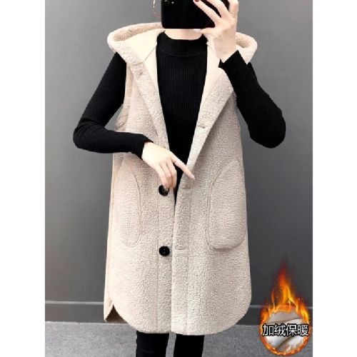 Unisex Oversized No-Sleeve Medium-Length Cardigan Blazer Backless Vest Loose Outerwear Bubbles Fleece Vest for Women Autumn and Winter Hooded