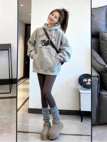 High-quality cotton blend CVC ribbed women's hooded print sweatshirt, regular lined