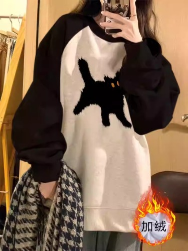 Korean Version Hua Mian Composite Printing Long-Sleeve Round Neck Sweatshirt Women Autumn/Winter New Loose Top Thin + Fleece