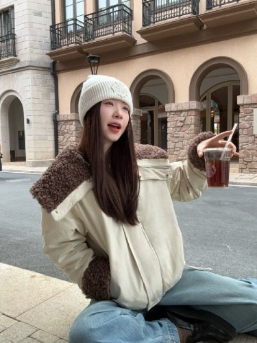 Actual shoot lamb wool large lapel coat with added thickness warm Korean version leather and fur integrated parka style loose chic cotton coat