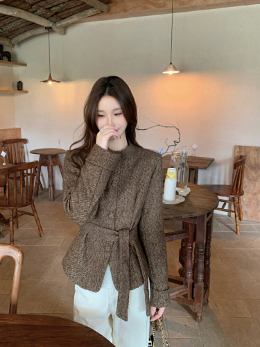 Photographed! Korean Autumn/Winter Vintage Money Style Round Neck Slimming Wool Blend Coat High-End Top