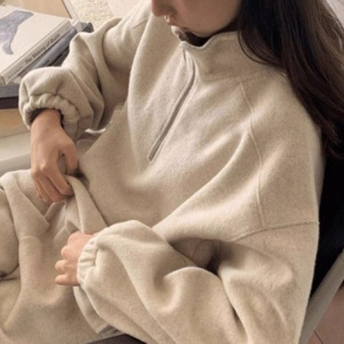 Korean chic autumn/winter niche effortless versatile color-block long-sleeve hoodie + high-waisted casual lined pants set with thermal lining