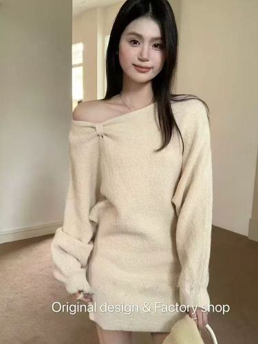 Korean Dongdaemun Fashion New Year Red Fine Glitter Atmosphere Sensory Off-the-Shoulder Knitwear Versatile Dress