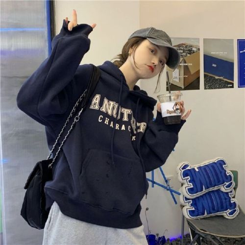 Cashmere-lined thick sweatshirt outerwear for women, autumn and winter Korean style hooded loose print long-sleeved top trendy