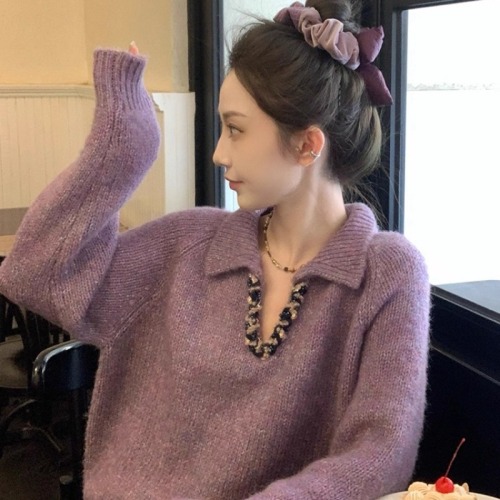 2025 Winter French Heavy Work Collar Shimmering Knit Top with Relaxed Fit