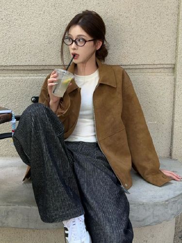 Vintage Calfskin Jacket for Women - Autumn/Winter 2025 New Model Collar Loose Casual Top Jacket