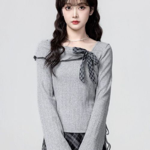 Women's Gray Plaid Collar Long-Sleeve T-Shirt Spring and Autumn 2025 New Winter Button Bow Tied Drawstring Waist Short Top