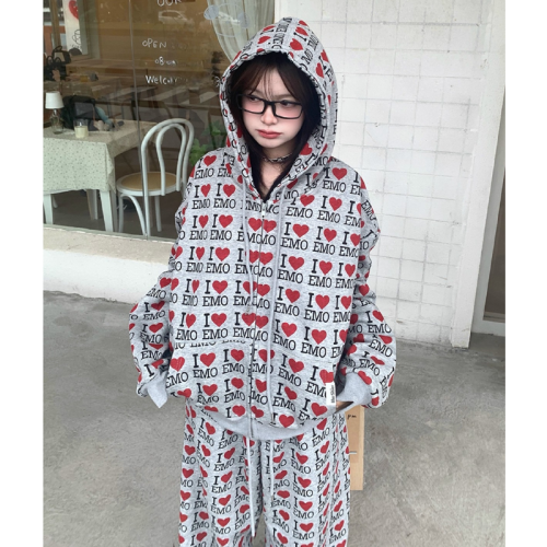 Mamba Cotton Loving Letter Full Print Retro Autumn Loose Hoodie Set