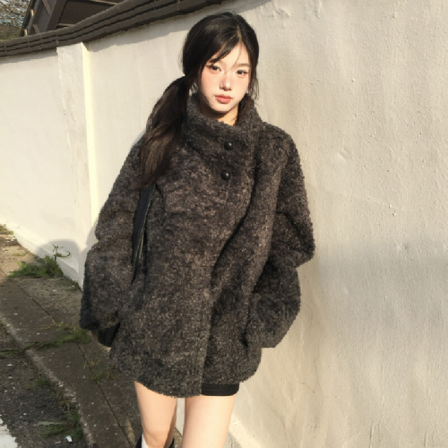 French retro style stand collar warm loose fur all-in-one fur coat