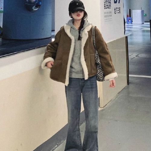 Women's 2025 New Warm Fleece Lined Puffer Jacket with Fleece and Wool, Full-Zip Collar, Lamb Fleece Short Winter Coat