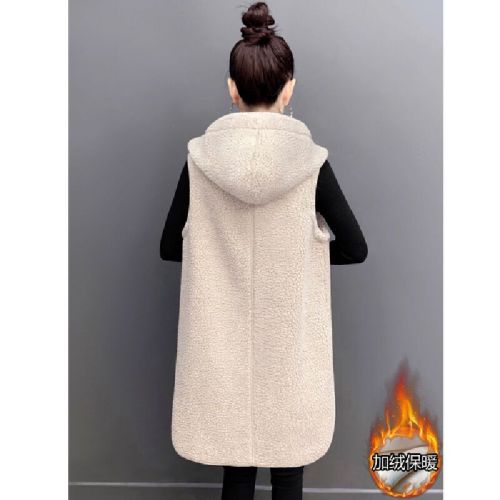Unisex Oversized No-Sleeve Medium-Length Cardigan Blazer Backless Vest Loose Outerwear Bubbles Fleece Vest for Women Autumn and Winter Hooded