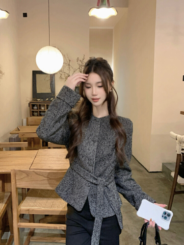Photographed! Korean Autumn/Winter Vintage Money Style Round Neck Slimming Wool Blend Coat High-End Top