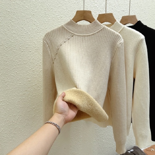 Photographed Autumn/Winter Warm Thicken Fleece One-Piece Wool Sweater for Women, Base Layer Shirt, New Half-Neck Knit Top