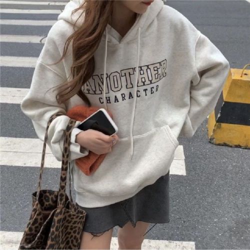 Cashmere-lined thick sweatshirt outerwear for women, autumn and winter Korean style hooded loose print long-sleeved top trendy