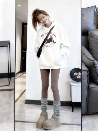 High-quality cotton blend CVC ribbed women's hooded print sweatshirt, regular lined