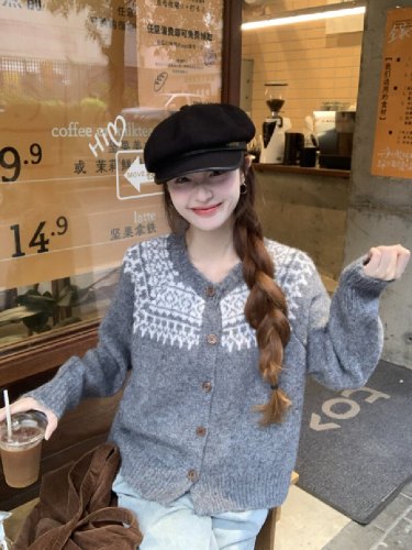 Photographed Sweet Lazy Style Fair Isle Knit Sweater 2025 Christmas Cardigan Open Top Autumn/Winter Korean Style Retro Top