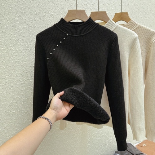 Photographed Autumn/Winter Warm Thicken Fleece One-Piece Wool Sweater for Women, Base Layer Shirt, New Half-Neck Knit Top