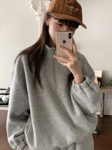 Korean chic autumn/winter niche effortless versatile color-block long-sleeve hoodie + high-waisted casual lined pants set with thermal lining