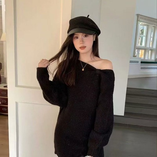 Korean Dongdaemun Fashion New Year Red Fine Glitter Atmosphere Sensory Off-the-Shoulder Knitwear Versatile Dress