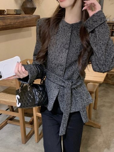 Photographed! Korean Autumn/Winter Vintage Money Style Round Neck Slimming Wool Blend Coat High-End Top