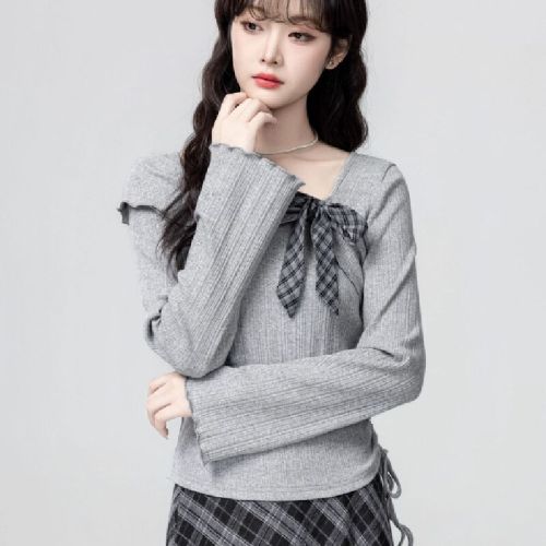 Women's Gray Plaid Collar Long-Sleeve T-Shirt Spring and Autumn 2025 New Winter Button Bow Tied Drawstring Waist Short Top