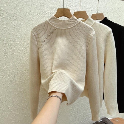 Photographed Autumn/Winter Warm Thicken Fleece One-Piece Wool Sweater for Women, Base Layer Shirt, New Half-Neck Knit Top