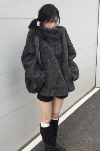 French retro style stand collar warm loose fur all-in-one fur coat