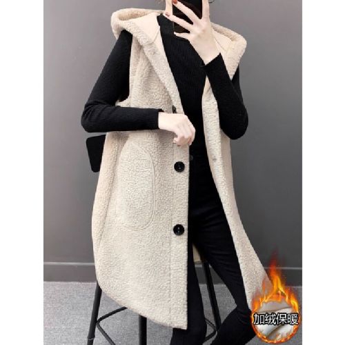 Unisex Oversized No-Sleeve Medium-Length Cardigan Blazer Backless Vest Loose Outerwear Bubbles Fleece Vest for Women Autumn and Winter Hooded