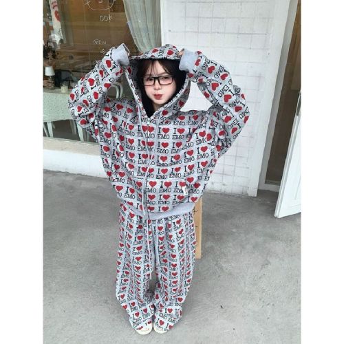 Mamba Cotton Loving Letter Full Print Retro Autumn Loose Hoodie Set