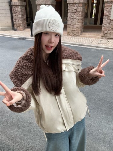 Actual shoot lamb wool large lapel coat with added thickness warm Korean version leather and fur integrated parka style loose chic cotton coat