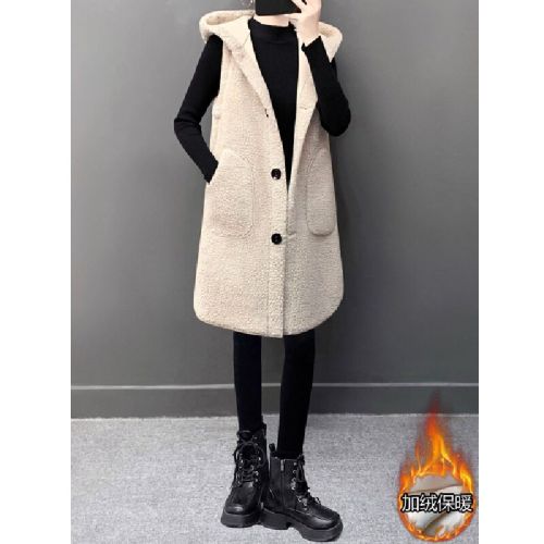 Unisex Oversized No-Sleeve Medium-Length Cardigan Blazer Backless Vest Loose Outerwear Bubbles Fleece Vest for Women Autumn and Winter Hooded