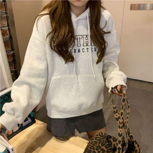 Cashmere-lined thick sweatshirt outerwear for women, autumn and winter Korean style hooded loose print long-sleeved top trendy