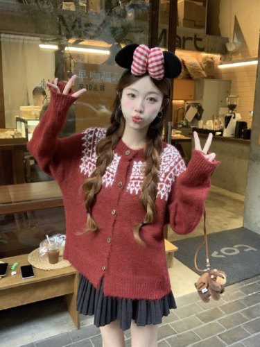 Photographed Sweet Lazy Style Fair Isle Knit Sweater 2025 Christmas Cardigan Open Top Autumn/Winter Korean Style Retro Top