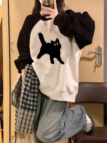 Korean Version Hua Mian Composite Printing Long-Sleeve Round Neck Sweatshirt Women Autumn/Winter New Loose Top Thin + Fleece