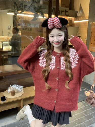 Photographed Sweet Lazy Style Fair Isle Knit Sweater 2025 Christmas Cardigan Open Top Autumn/Winter Korean Style Retro Top