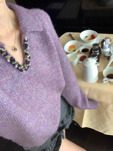 2025 Winter French Heavy Work Collar Shimmering Knit Top with Relaxed Fit