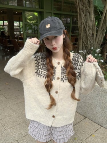 Photographed Sweet Lazy Style Fair Isle Knit Sweater 2025 Christmas Cardigan Open Top Autumn/Winter Korean Style Retro Top