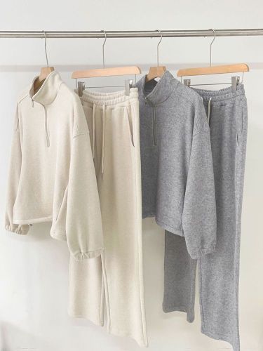 Korean chic autumn/winter niche effortless versatile color-block long-sleeve hoodie + high-waisted casual lined pants set with thermal lining