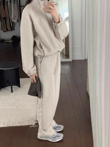 Korean chic autumn/winter niche effortless versatile color-block long-sleeve hoodie + high-waisted casual lined pants set with thermal lining