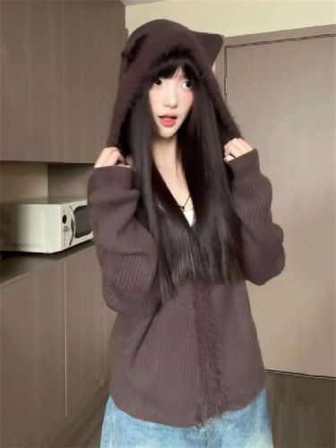 Adorable Sweet Girl Bear Ears Hood Knit Sweater for Women 2025 Autumn/Winter Loose and Slimming Top