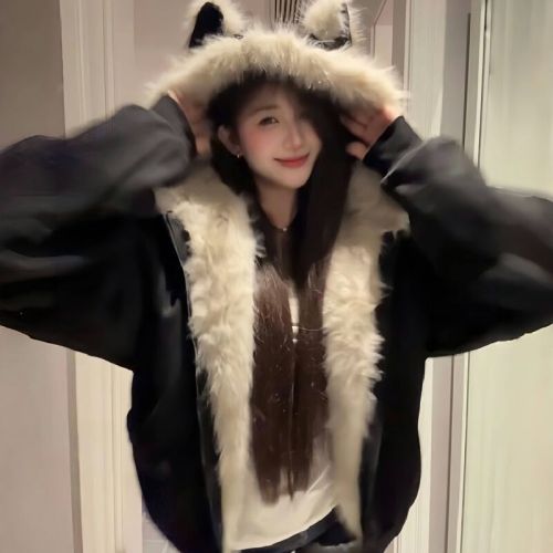Black Suede Collar Snow Leopard Ear Hooded Jacket for Men and Women, Winter Fleece Lined Thick Couple Cotton Coat