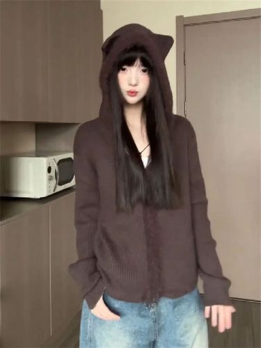 Adorable Sweet Girl Bear Ears Hood Knit Sweater for Women 2025 Autumn/Winter Loose and Slimming Top