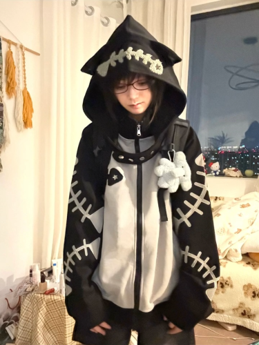 Japanese-style anime-inspired color-blocking patchwork stand-up collar detachable hood sweatshirt outerwear for autumn and winter, loose zipper open sweater