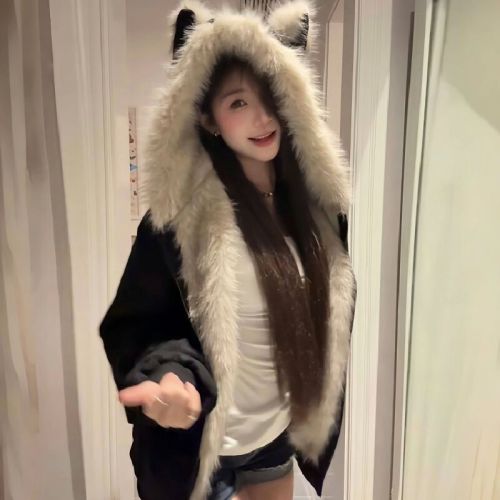 Black Suede Collar Snow Leopard Ear Hooded Jacket for Men and Women, Winter Fleece Lined Thick Couple Cotton Coat