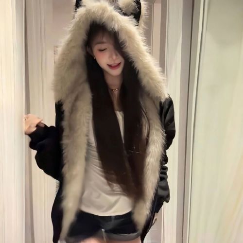 Black Suede Collar Snow Leopard Ear Hooded Jacket for Men and Women, Winter Fleece Lined Thick Couple Cotton Coat