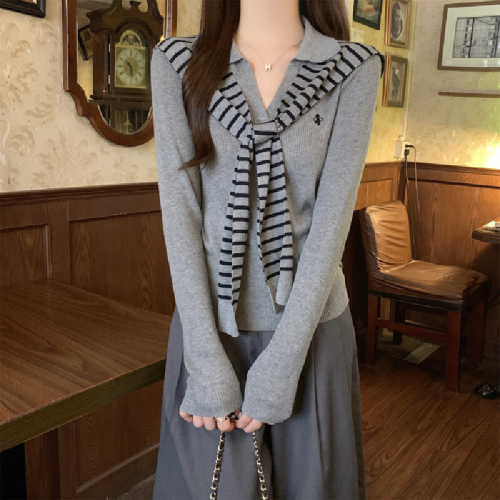 Photographed Autumn/Winter Korean Style Striped Shawl Collar Polo Neck 6 Wool Knit Topcoat Base Layer Innerwear Sweater for Women