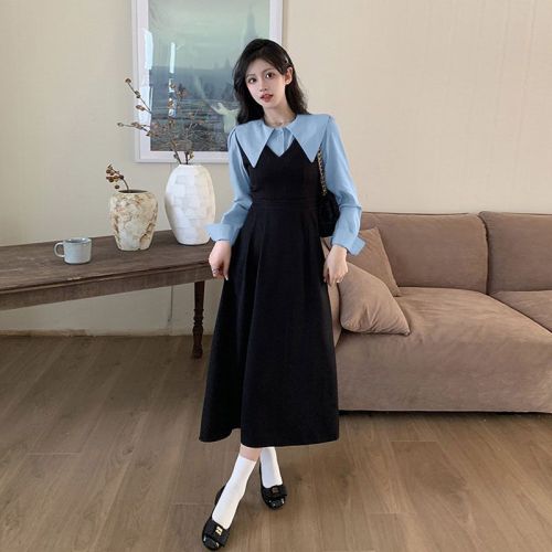 Nerdy messy autumn college style faux two-piece stand-up collared long-sleeve shirt A-line dress with waist-cinching and slimming effect