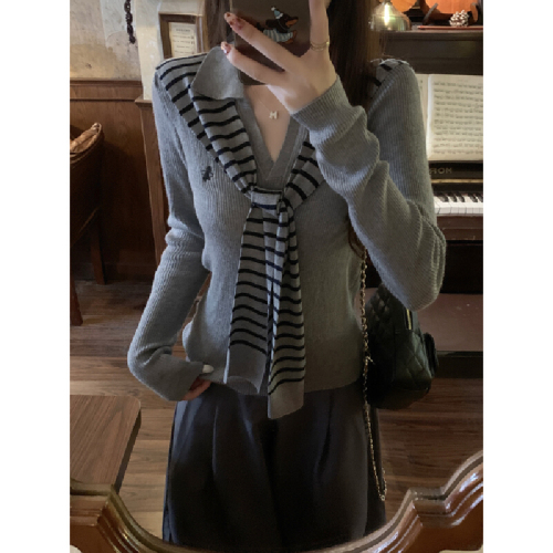 Photographed Autumn/Winter Korean Style Striped Shawl Collar Polo Neck 6 Wool Knit Topcoat Base Layer Innerwear Sweater for Women