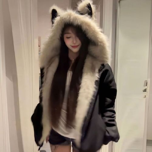 Black Suede Collar Snow Leopard Ear Hooded Jacket for Men and Women, Winter Fleece Lined Thick Couple Cotton Coat