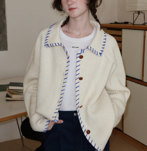 Women's Grey Crewneck Wool Cardigan Coat - Early Autumn Spring New Outerwear High-End Casual Knit Top